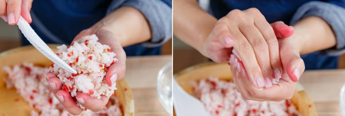 Two close-up images show hands shaping rice with bits of red ingredient, crafting Umeboshi Onigiri (Plum Rice Ball) as seen in Midnight Diner. In the first, a knife smooths the rice. In the second, hands gently press the rice into shape over a wooden bowl.