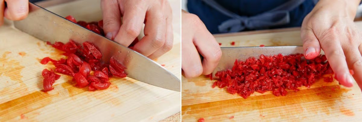 Two close-up images of hands chopping red pickled plums on a wooden cutting board with a knife. The pickles are being finely diced, and the cutting board shows plum pieces and juice stains—evoking the precise preparation often seen in dishes like Umeboshi Onigiri (Plum Rice Ball) from Midnight Diner.