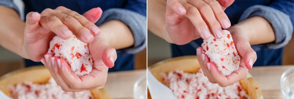 Two close-up images show hands forming a Umeboshi Onigiri (Plum Rice Ball) inspired by Midnight Diner, with red flakes mixed into the rice. The rice mixture is shaped gently between the palms, with more rice and a wooden bowl visible in the background.