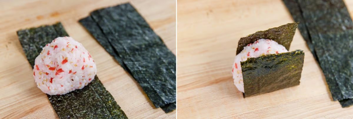 Two images show an Umeboshi Onigiri (Plum Rice Ball) from Midnight Diner, with savory seasoning being wrapped in a strip of seaweed on a wooden surface, demonstrating the steps of making this classic seaweed-wrapped rice ball.