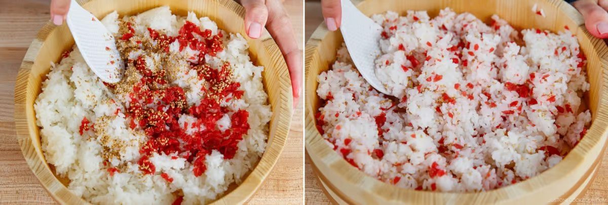 Two images show hands mixing rice with red pickled plums and sesame seeds in a wooden bowl using a white rice paddle, just like the preparation for Umeboshi Onigiri (Plum Rice Ball) from Midnight Diner. The first image shows the ingredients before mixing; the second image shows them thoroughly combined.